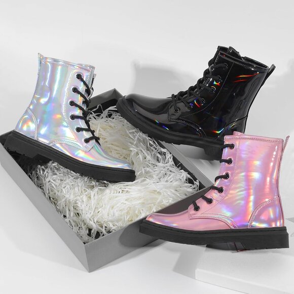 Girls Black Rubber Ankle Side Zipper Lace Up Stylish Comfort Glitter Boots - Picture 6 of 6